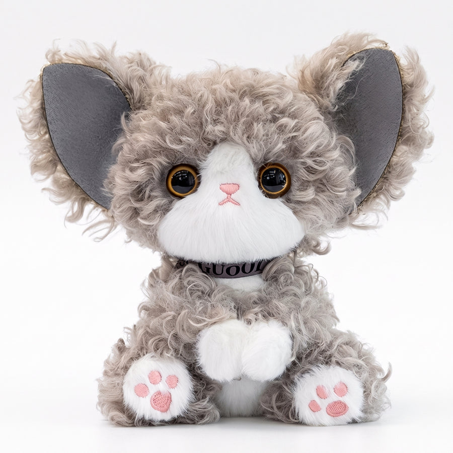 デボンレックス ぬいぐるみ グレー 白底単体正面カット 上品なくねくね巻き毛と大耳のディテール