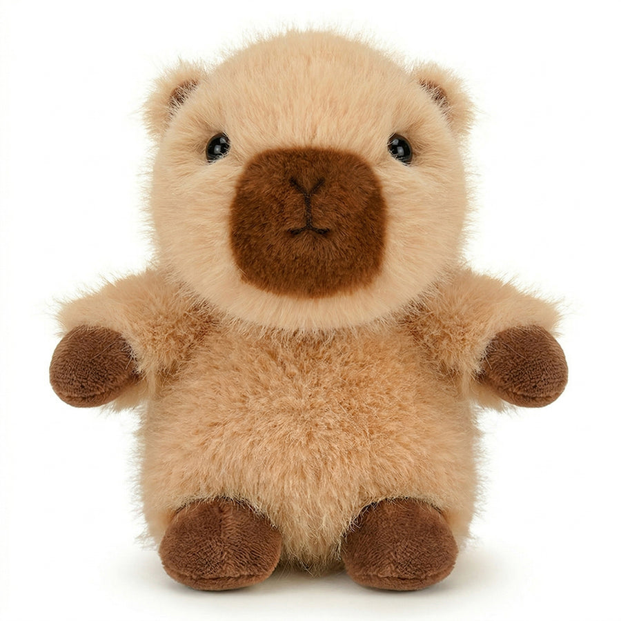 パフドゥンドゥンシリーズのカピバラのぬいぐるみ、両手を広げてちょこんとおすわりした愛らしい正面姿