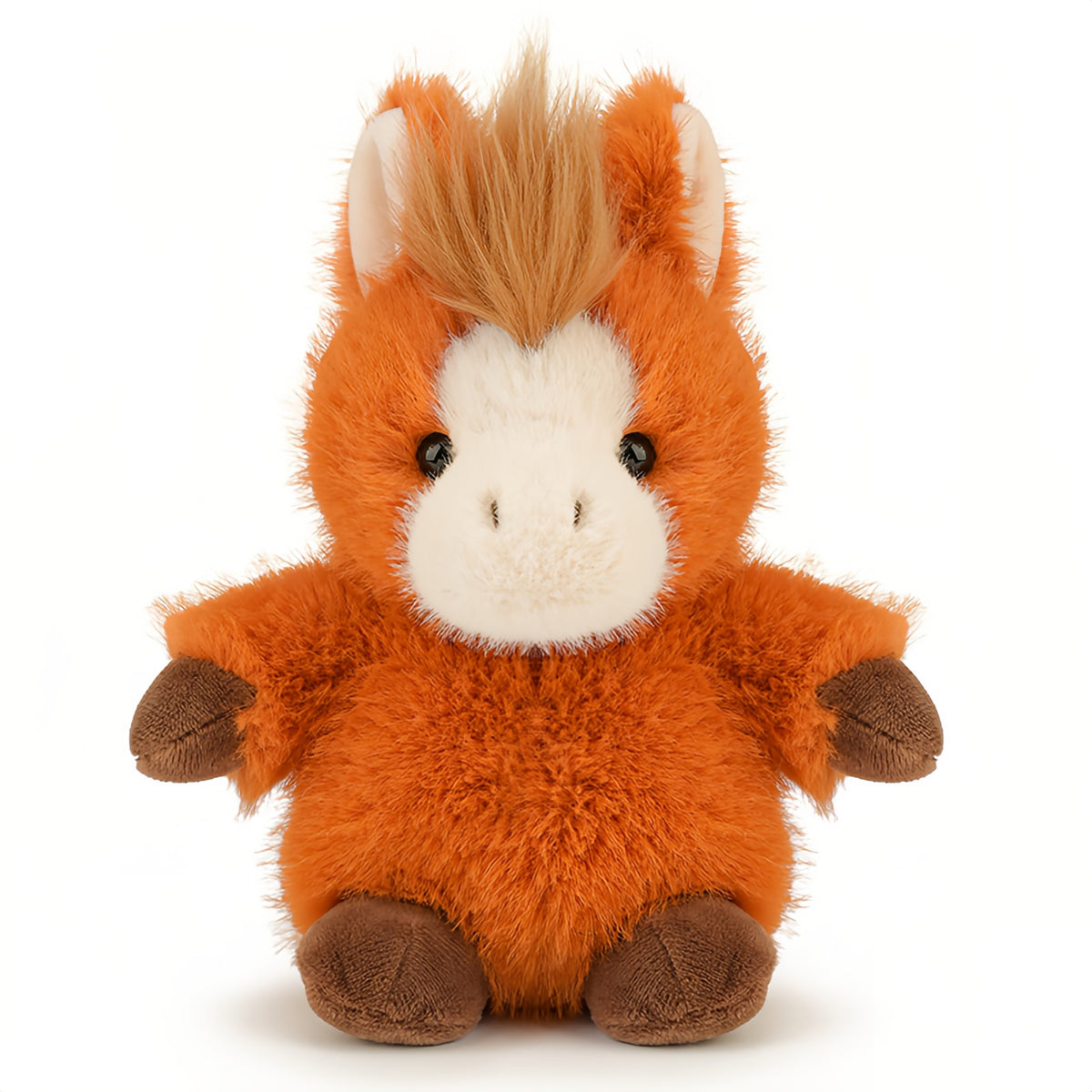 パフドゥンドゥンシリーズの馬のぬいぐるみ、ふさふさのたてがみとおすわり姿が愛らしい正面姿