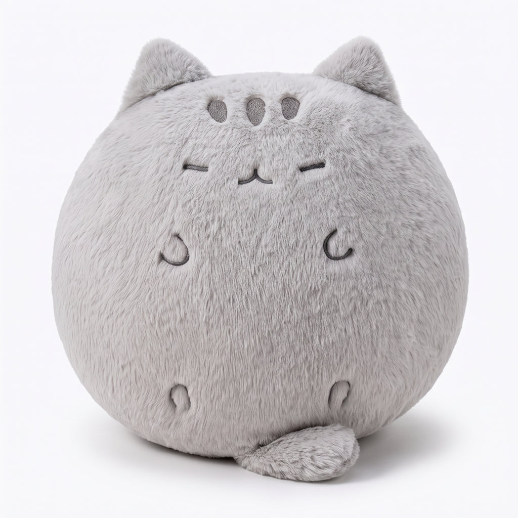 ラウンドグレー猫 ぬいぐるみ 正面 白背景 まんまるクッション
