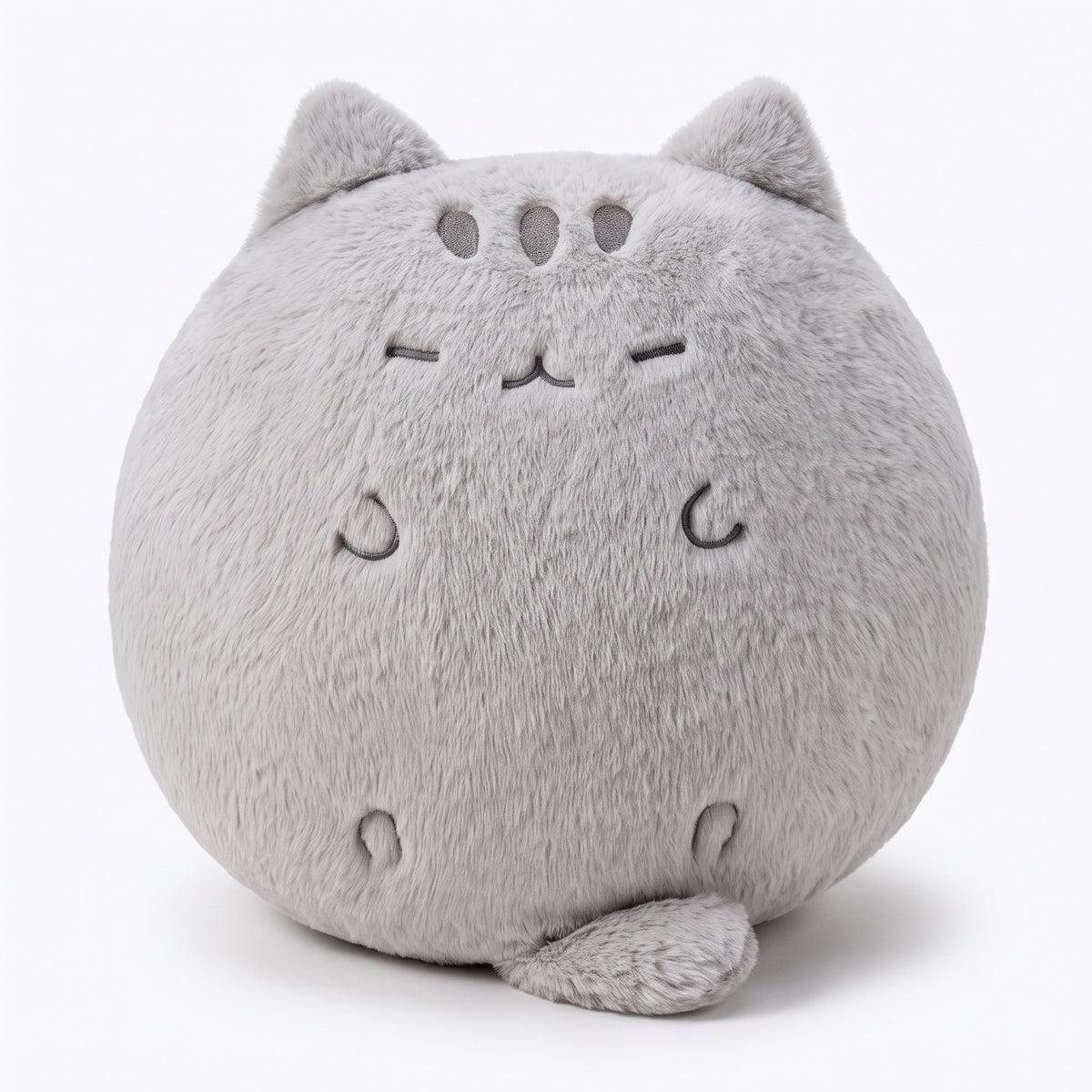 ラウンドグレー猫 ぬいぐるみ 正面 白背景 まんまるクッション