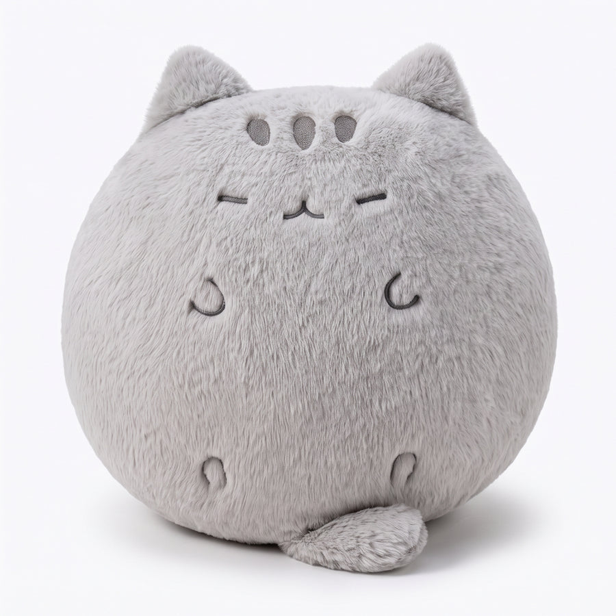ラウンドグレー猫 ぬいぐるみ 正面 白背景 まんまるクッション