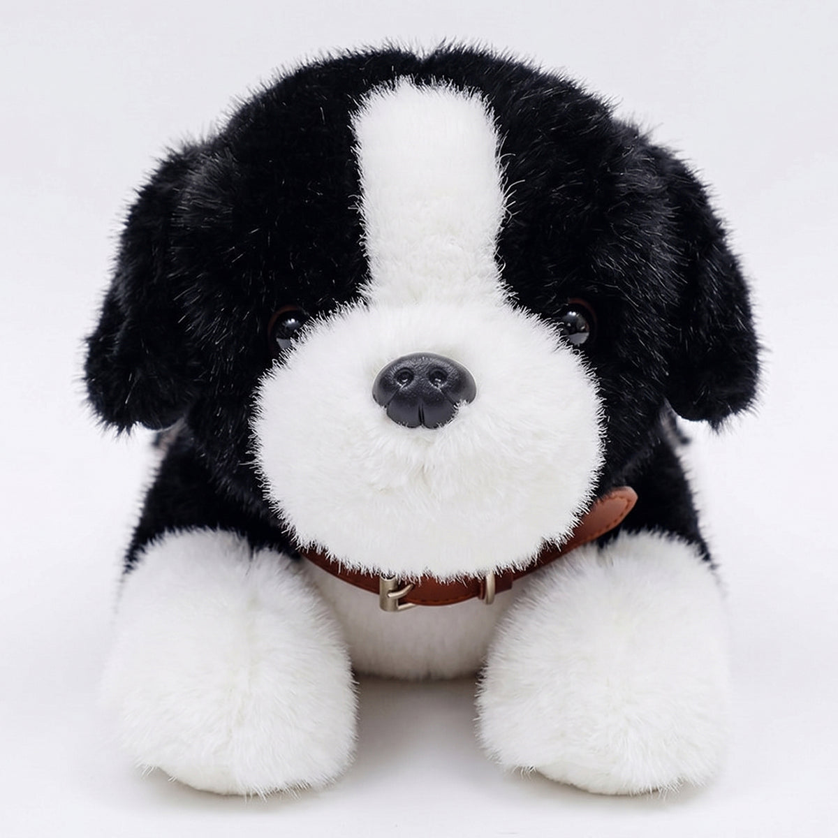 くつろぎ愛犬シリーズ 黒白の毛並みと首輪がクラシックなセントバーナードぬいぐるみ 正面特写