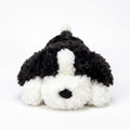 メルティアニマル 白黒犬 ぬいぐるみ まっすぐ見つめるつぶらな瞳と黒い垂れ耳が愛らしい正面ねそべり抱き枕ポーズ