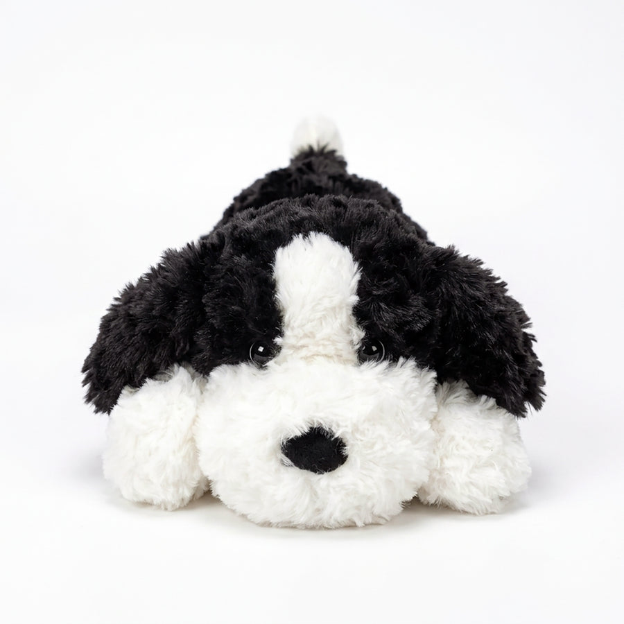 メルティアニマル 白黒犬 ぬいぐるみ まっすぐ見つめるつぶらな瞳と黒い垂れ耳が愛らしい正面ねそべり抱き枕ポーズ