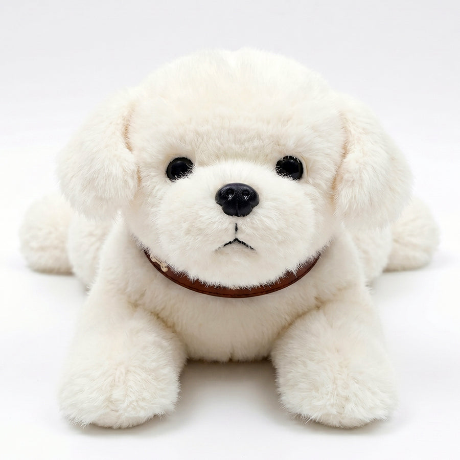 くつろぎ愛犬シリーズ 上品なアイボリーカラーのゴールデンレトリバーぬいぐるみ 正面寝そべり特写
