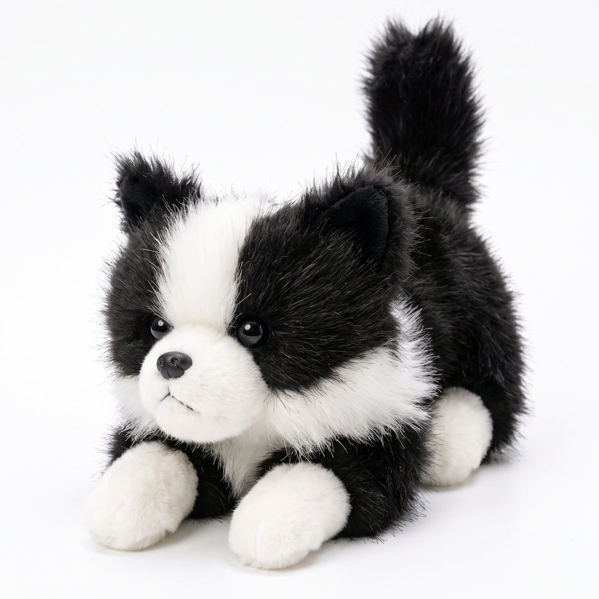 白背景に映える凛々しく愛らしいボーダーコリー子犬ぬいぐるみの全体像