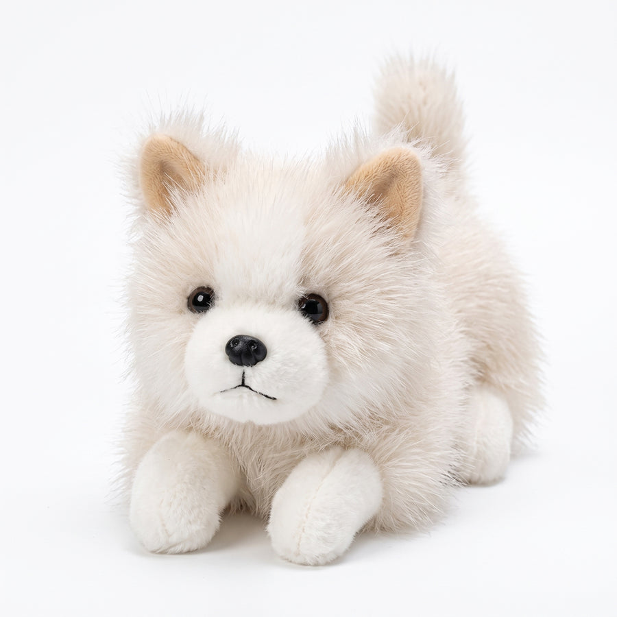 白背景に映える真っ白でふわふわなポメラニアン子犬ぬいぐるみの全体像