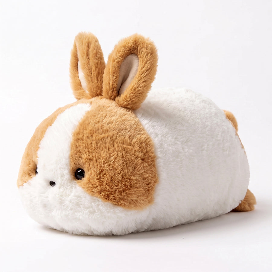 明るいブラウンと白のバイカラーうさぎぬいぐるみ ぽんず コロンとした横姿