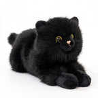 白背景に映えるつややかな黒毛と金色の瞳が愛らしい黒猫ぬいぐるみの全体像