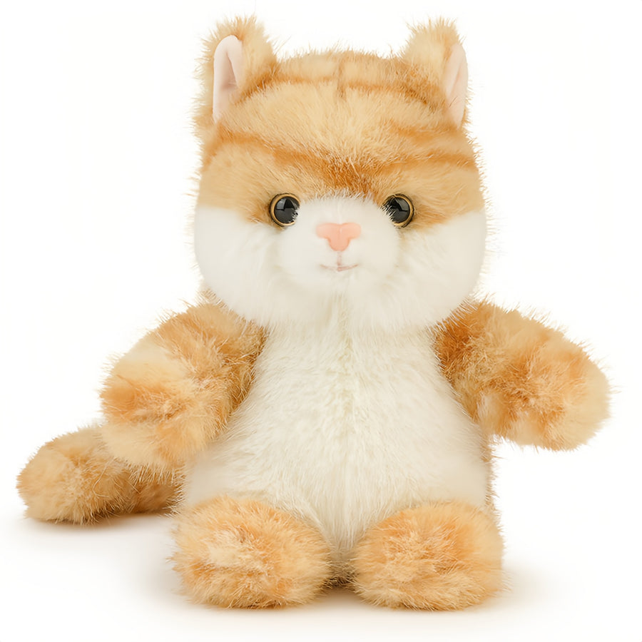 パフドゥンドゥンシリーズの茶トラ猫のぬいぐるみ、両手を広げてちょこんとおすわりした愛らしい正面姿