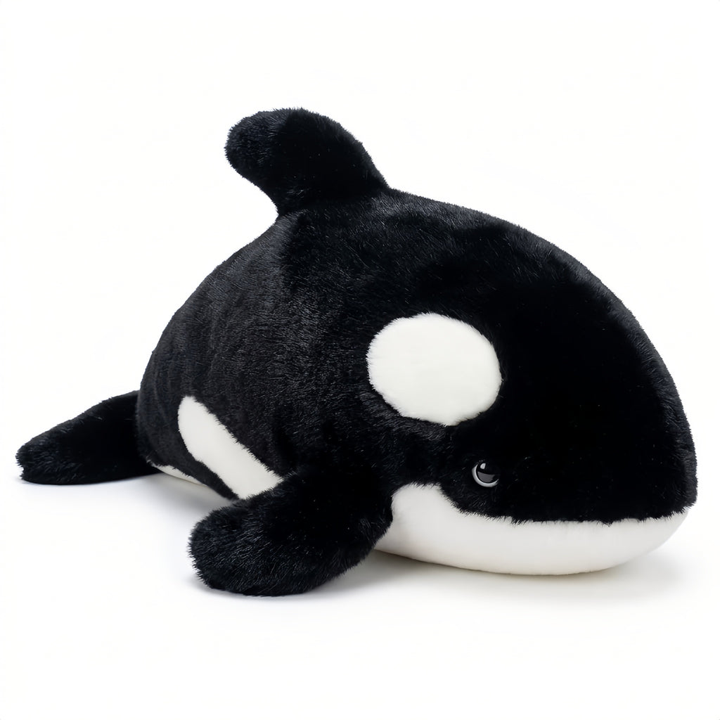 すやすや海の仲間 シャチのぬいぐるみ 白と黒のモノトーンカラーとなめらかな毛並み 白背景
