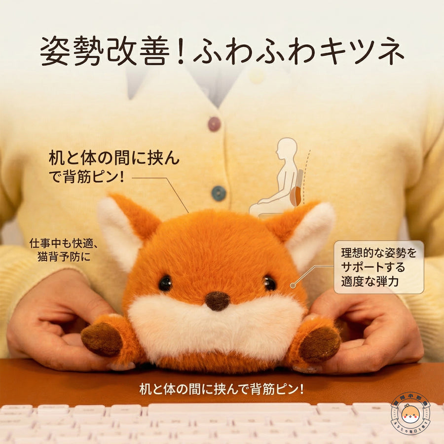 デスクとお腹の間に挟んで作業をサポートするキツネのぬいぐるみ