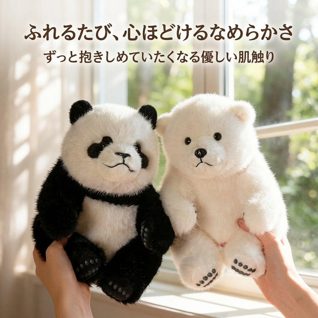 手で持ち上げても型崩れしにくく、ふんわりと心地よい肌触りのパンダとしろくま