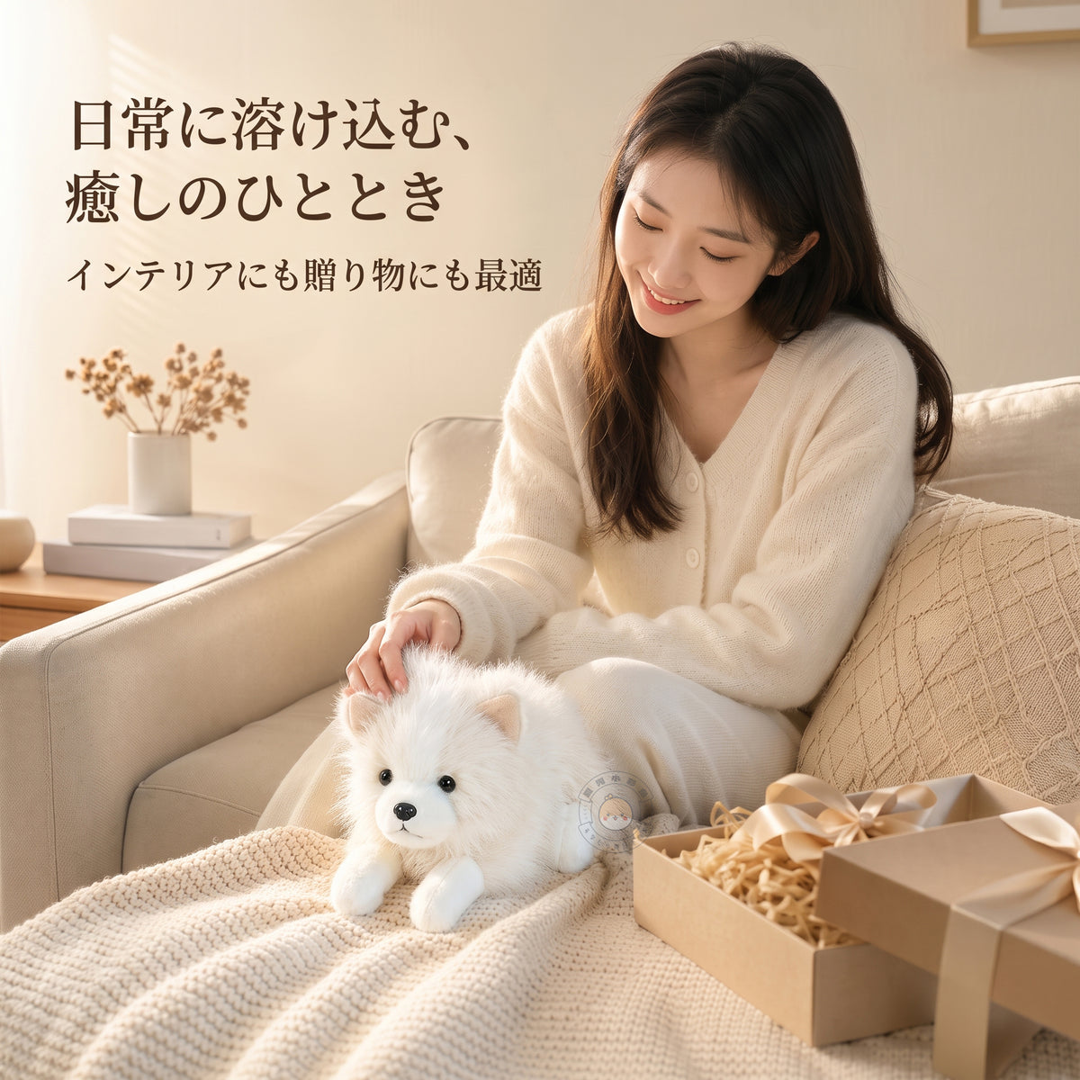 ソファで女性に優しく抱きしめられるポメラニアンのぬいぐるみとギフトボックス