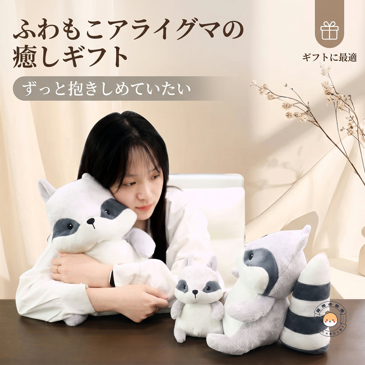 テーブルでぽっちゃりアライグマのぬいぐるみを優しく抱きしめる女性とギフトシーン