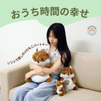 ソファでぽっちゃりリスのぬいぐるみを優しく抱きしめる女性とリラックスシーン