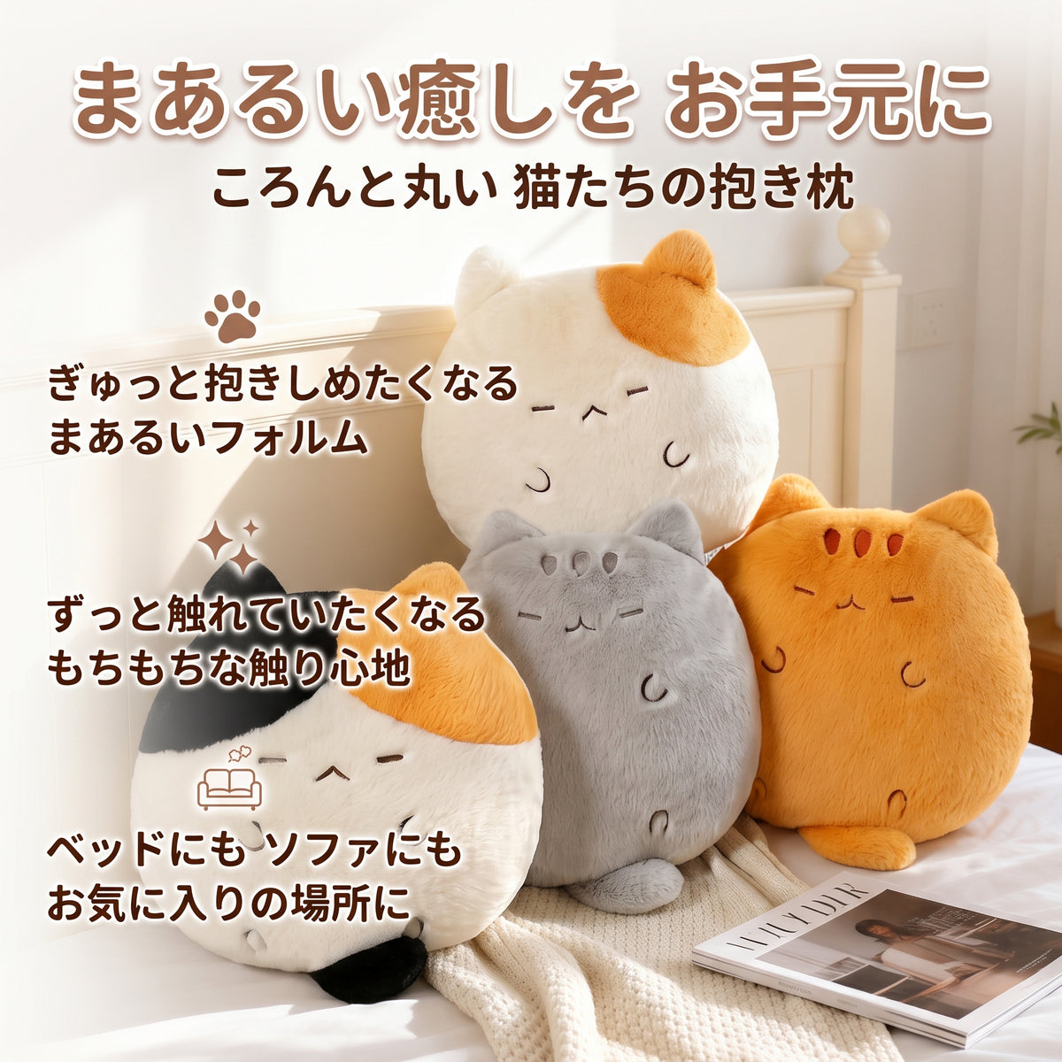ベッドサイドに並ぶころんと丸い猫たちのぬいぐるみクッション お部屋のインテリア