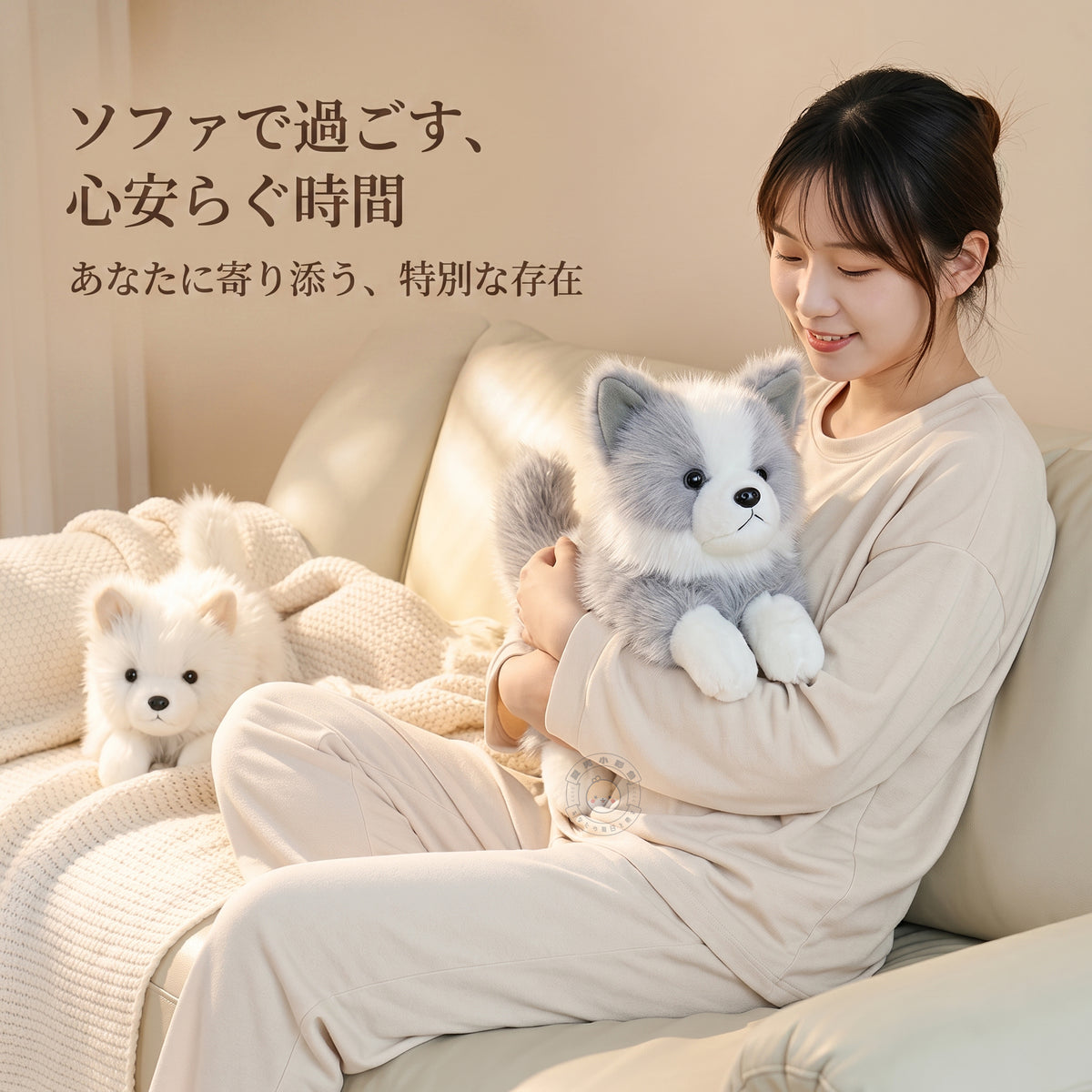 ソファでハスキーのぬいぐるみを腕に抱くリラックスシーン