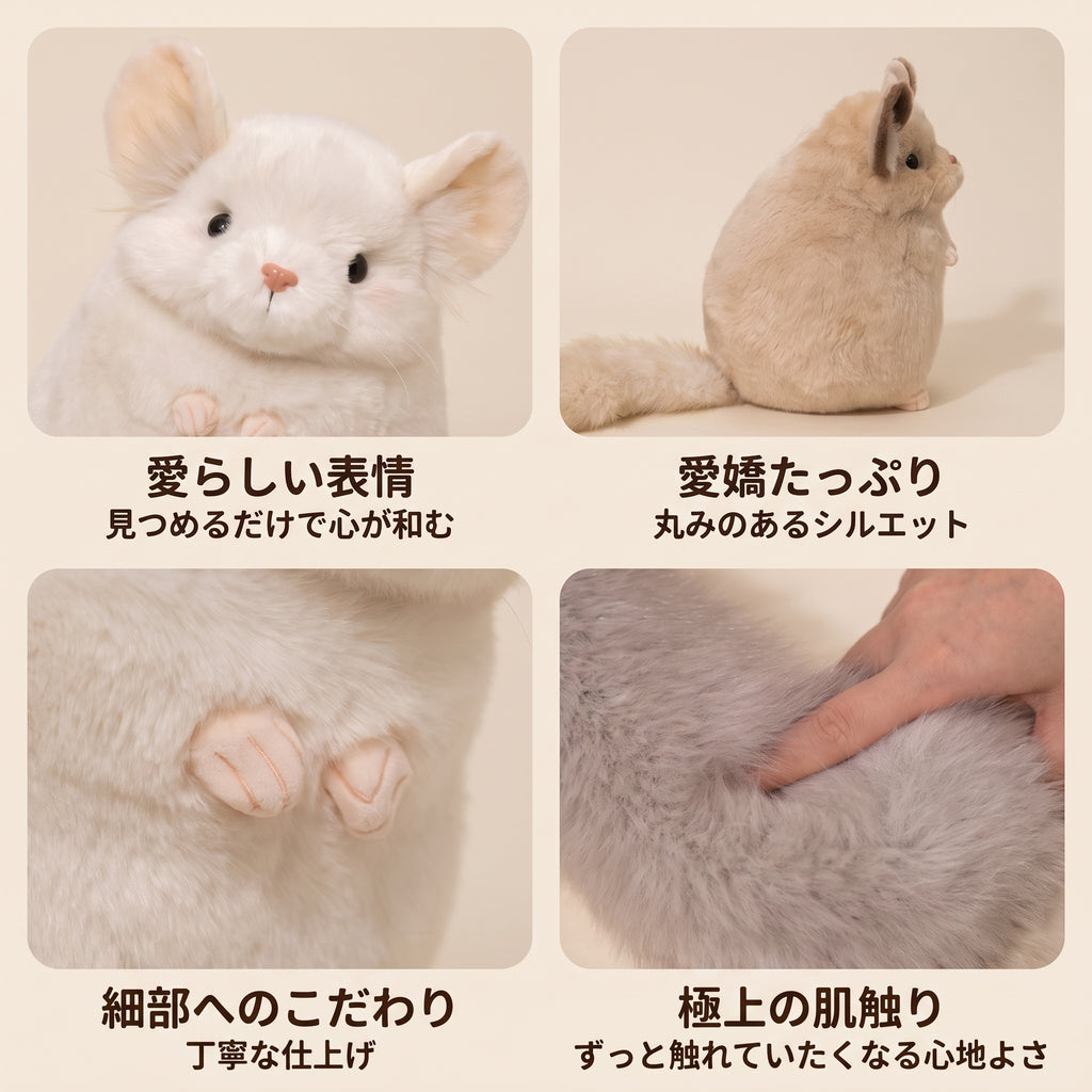 チンチラ ぬいぐるみ 各部ディテール つぶらな瞳 丸いシルエット ふんわりしたしっぽ
