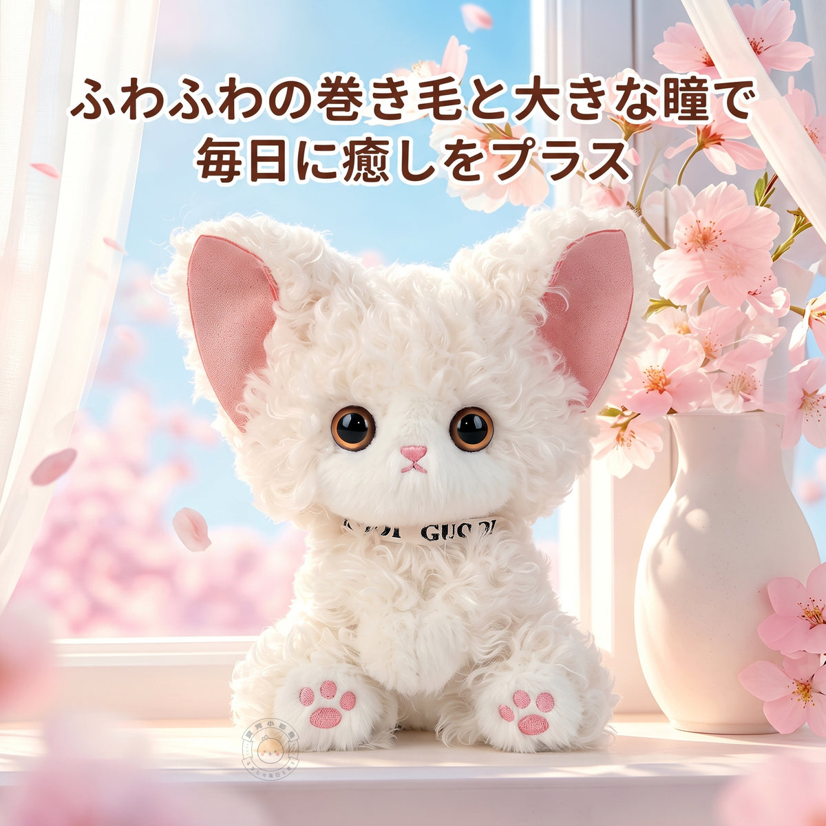デボンレックス ぬいぐるみ ホワイト 窓辺のインテリアシーン 桜とやさしい光に包まれた佇まい