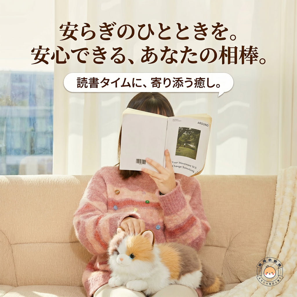ソファで膝に乗せた三毛猫のぬいぐるみに優しく手を添える読書タイム