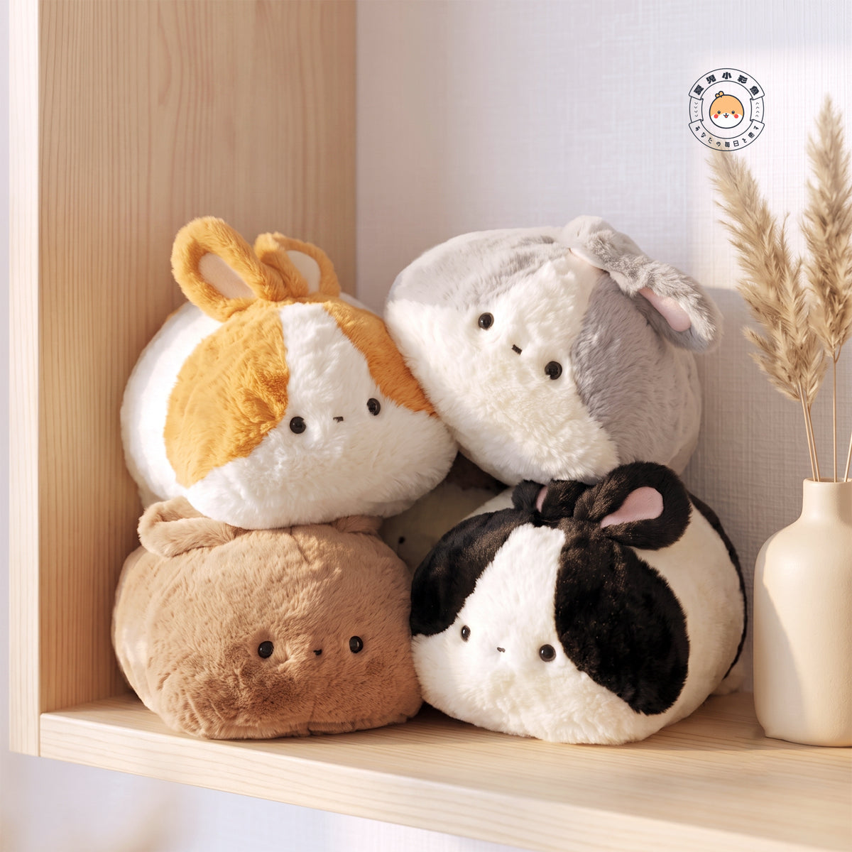 木製シェルフに並んだうさぎぬいぐるみ お部屋になじむナチュラルなインテリア