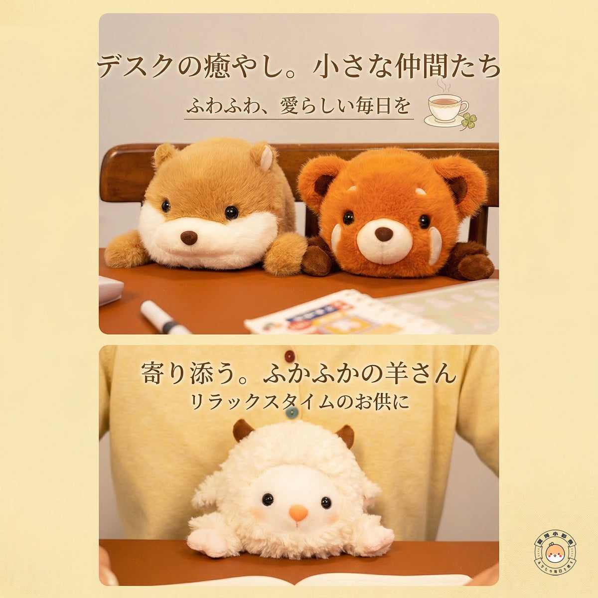 デスクワークに寄り添うレッサーパンダとシバイヌ、ふかふかの羊ぬいぐるみ
