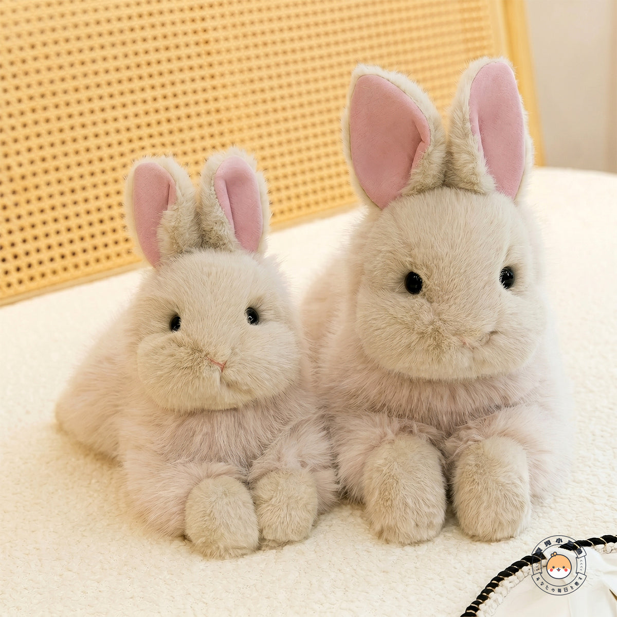 ベッドサイドに寄り添う大小2サイズのうさぎぬいぐるみ