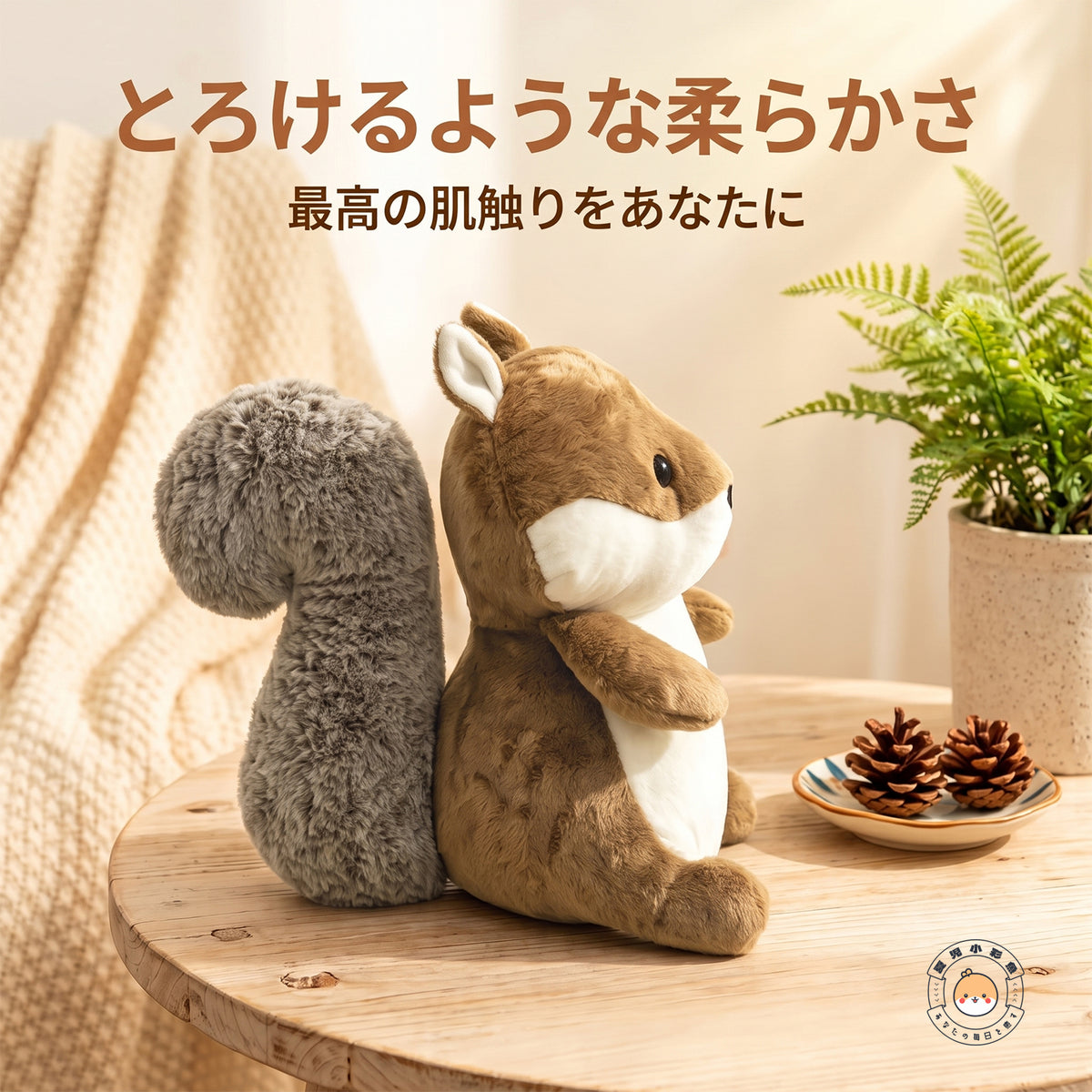 ふんわりとボリューム感のあるグレーの大きなしっぽが魅力的なリスのぬいぐるみ 側面