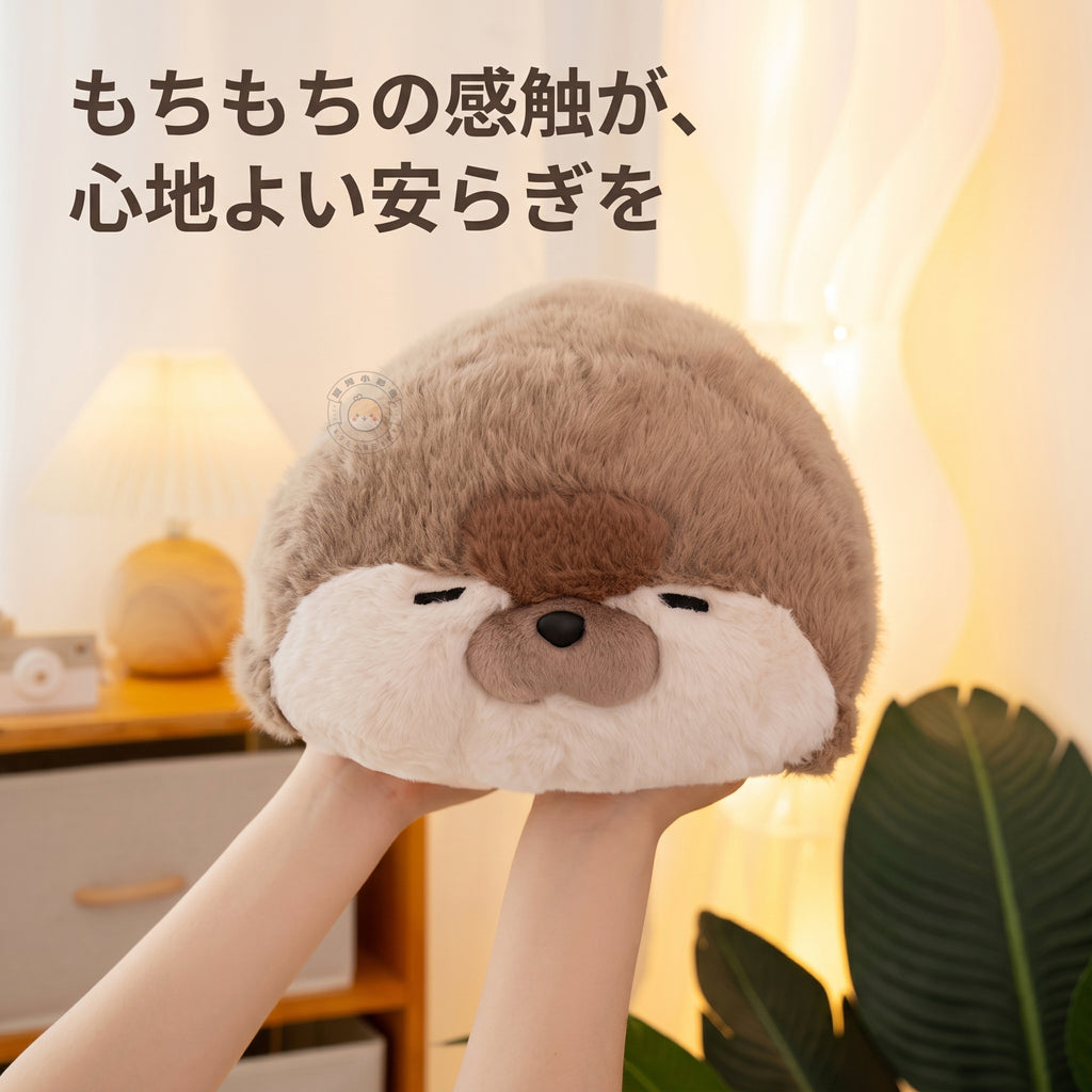両手で持ち上げられたふっくら丸いアザラシぬいぐるみのすやすやフェイス特写