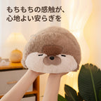 両手で持ち上げられたふっくら丸いアザラシぬいぐるみのすやすやフェイス特写