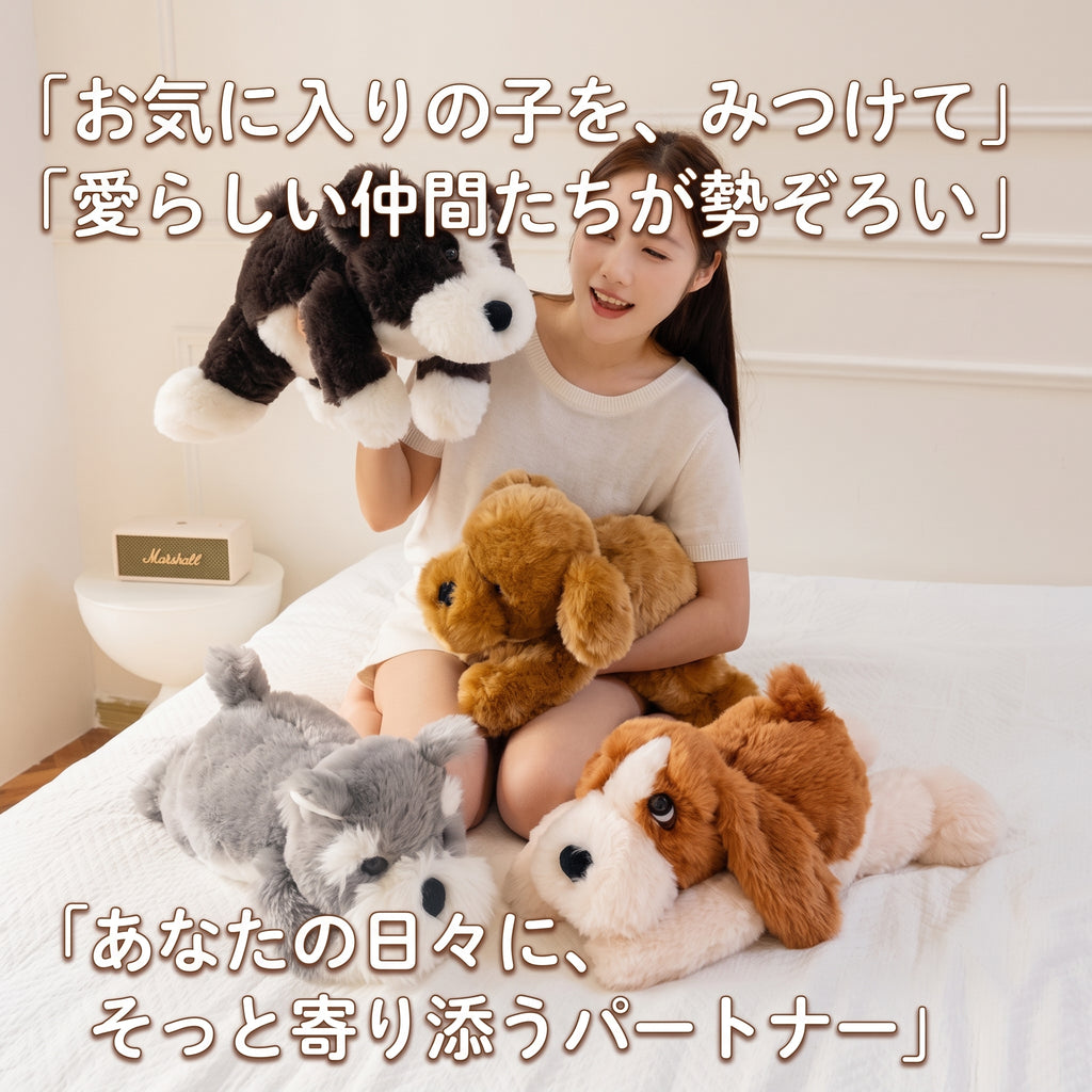 お部屋に勢ぞろいしたくたくた癒やしのわんこシリーズのぬいぐるみ仲間たち
