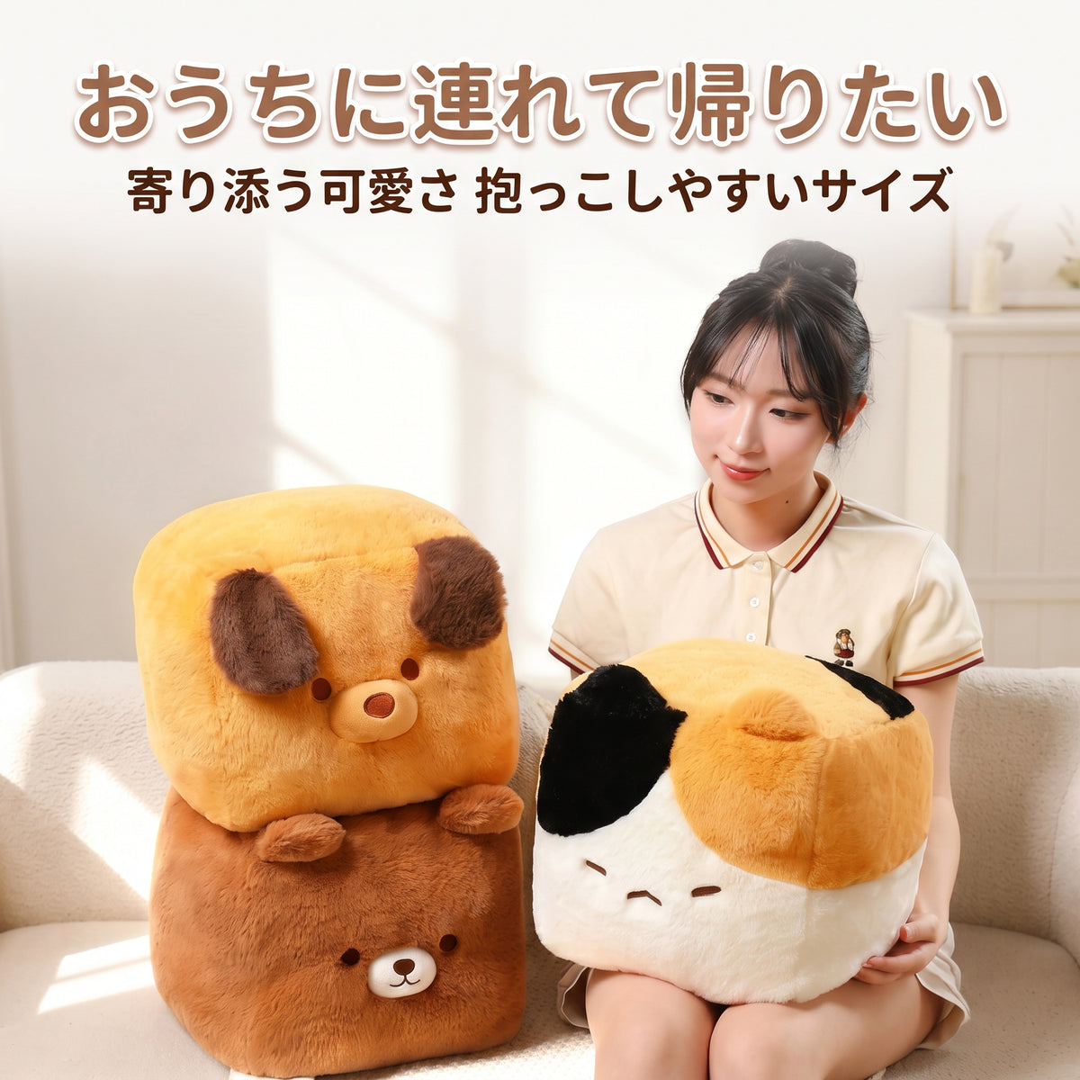 ソファでのんびりくつろぐ本物の猫と並んだキューブ猫のぬいぐるみ