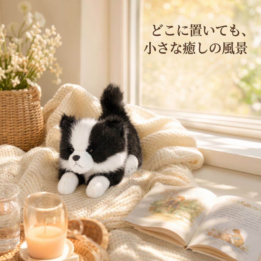 窓辺のニットブランケットの上でくつろぐボーダーコリーのぬいぐるみ