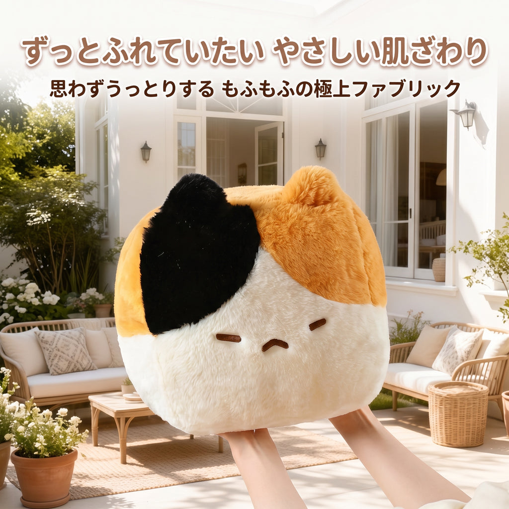 屋外のテラスで両手で持ち上げられた、もふもふでやさしい肌ざわりのキューブ三毛猫ぬいぐるみクッション