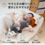 ベッドでハスキーのぬいぐるみを抱き枕にして心地よく眠るシーン