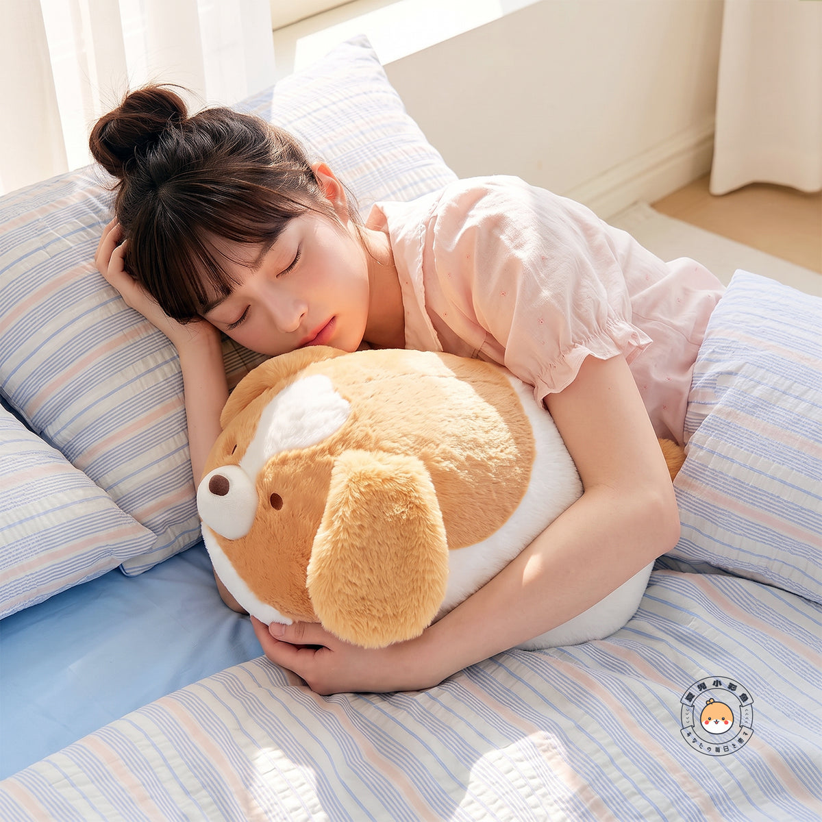 ベッドサイドでぎゅっと抱きしめてリラックスタイムを過ごす犬のぬいぐるみ