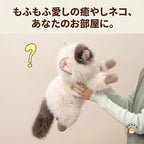 両手で抱き上げられてきょとんとした表情を見せるもふもふな猫のぬいぐるみ