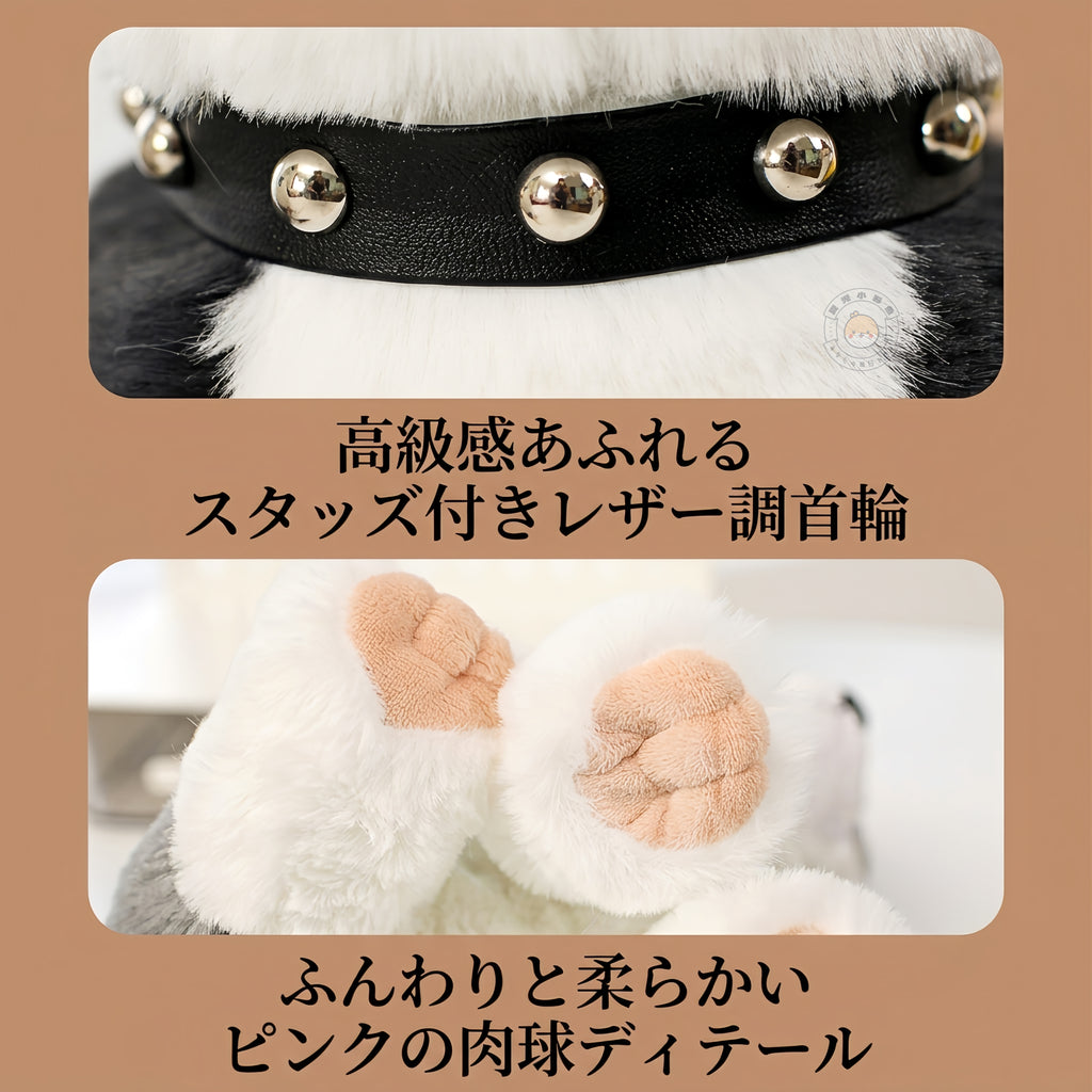 高級感あふれるスタッズ付きレザー調首輪とふんわり柔らかいピンクの肉球ディテール