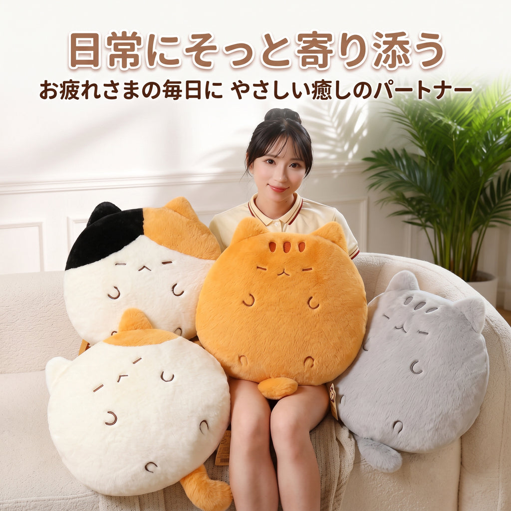リビングのソファで女性が抱っこするラウンド三毛猫・茶トラ・グレー猫のぬいぐるみ