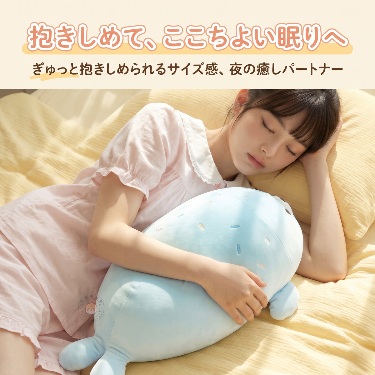 もっちりアザラシ抱きまくら ベッドサイドで腕に抱いて眠るリラックスシーン