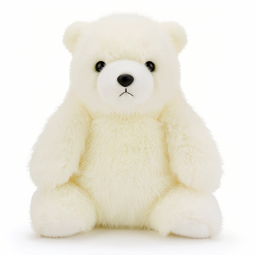 白背景にちょこんと座るゆるっとおすわりシロクマのぬいぐるみ、丸みのある体型と愛らしい顔立ち