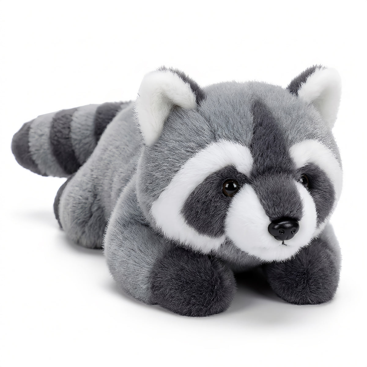 アライグマのぬいぐるみ ふわふわの毛並みとしま模様のしっぽがかわいい寝そべりデザイン