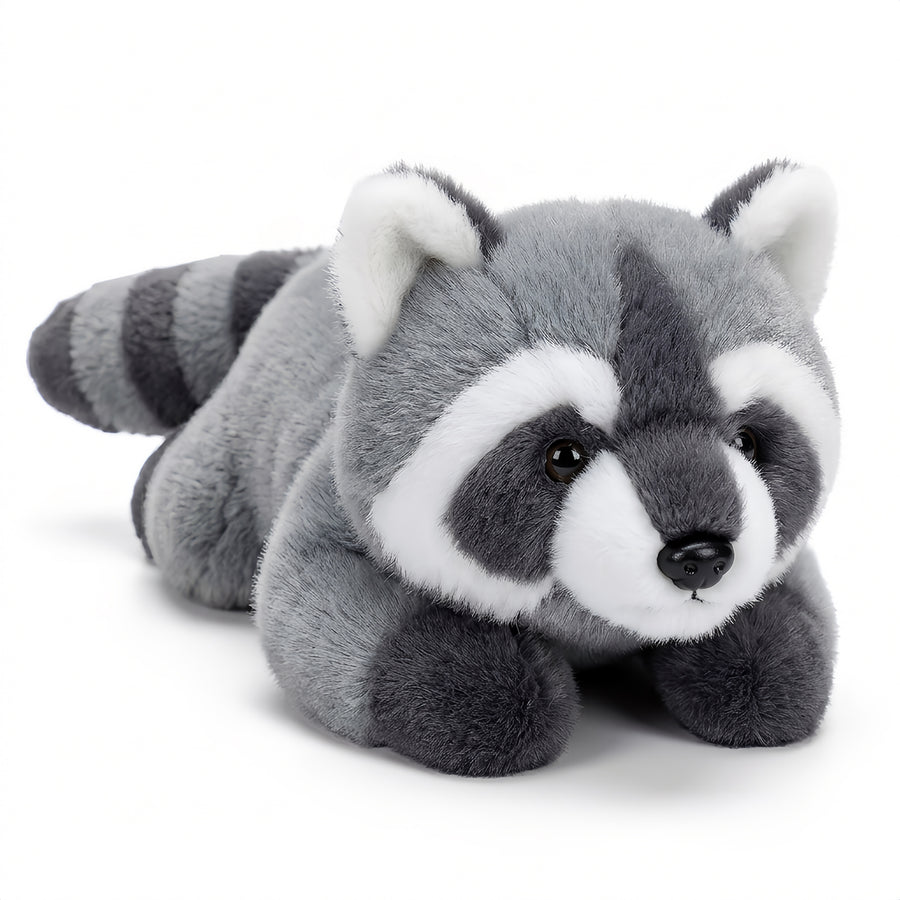 アライグマのぬいぐるみ ふわふわの毛並みとしま模様のしっぽがかわいい寝そべりデザイン