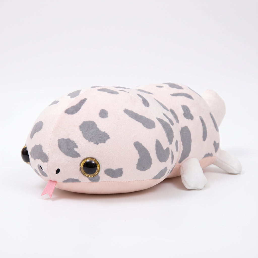 ヒョウモントカゲモドキ ぬいぐるみ 白背景 ぺたっと寝そべるユニークな姿と愛嬌フェイス とろける もちもちアニマル