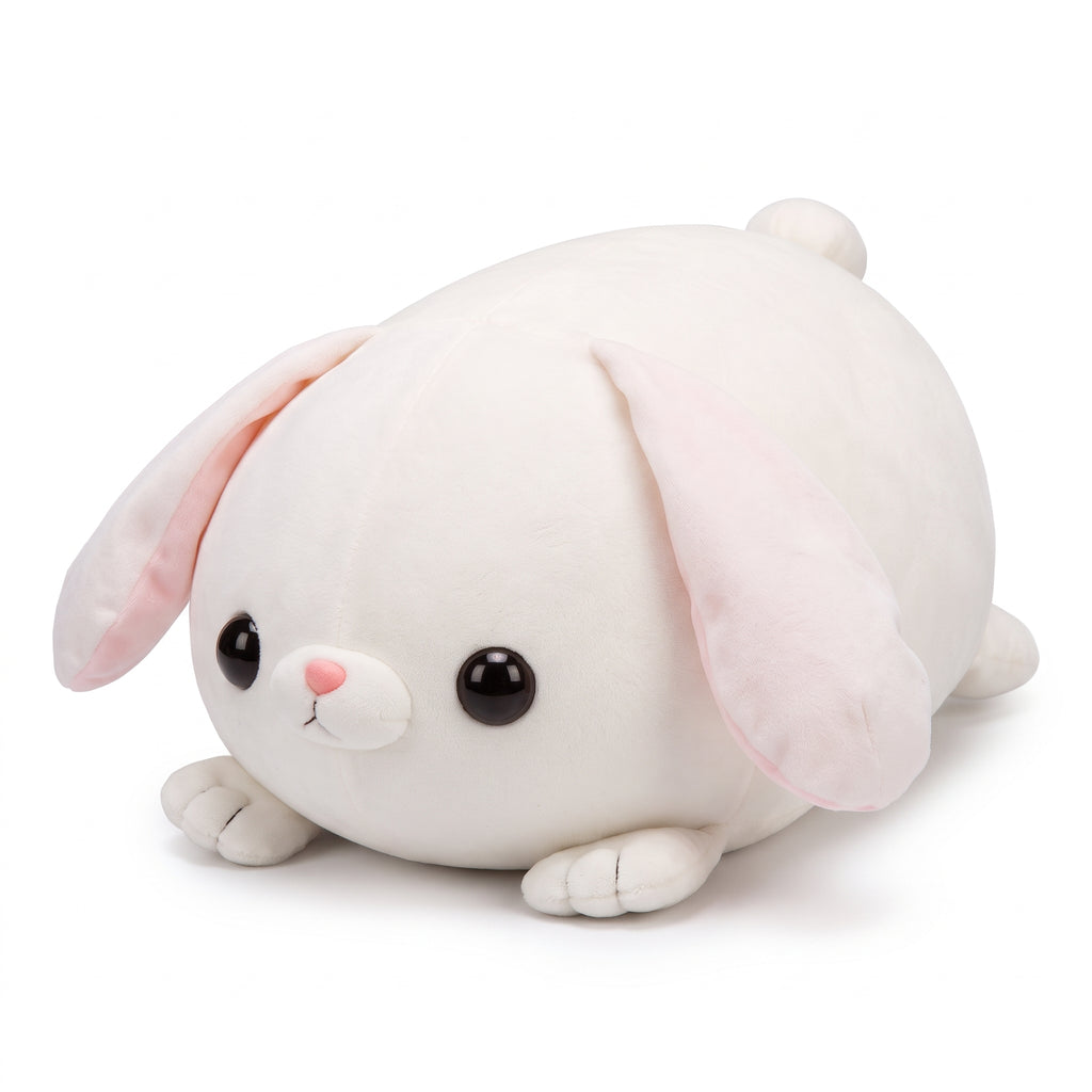 ウサギ ぬいぐるみ 白背景 ぺたっと寝そべる愛らしい垂れ耳と丸いフォルム とろける もちもちアニマル