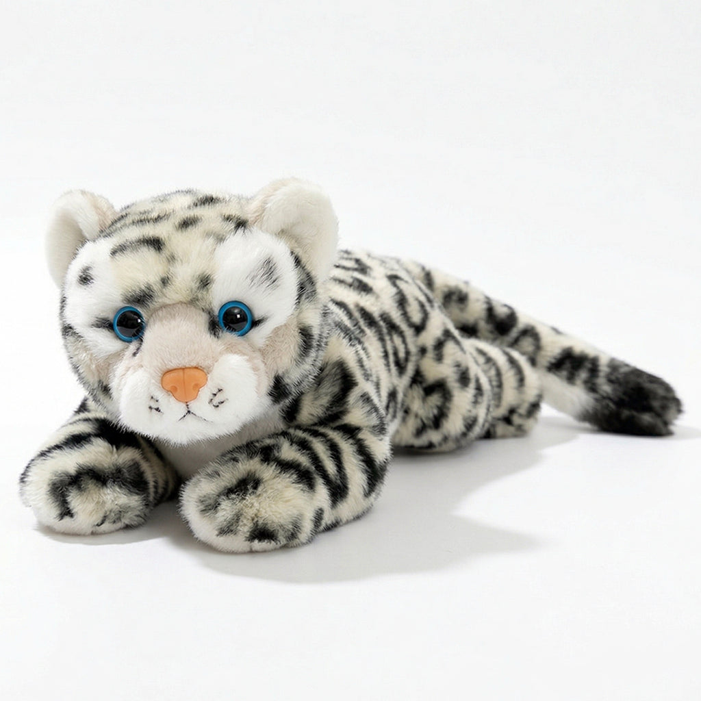 ユキヒョウのぬいぐるみ 白とグレーの斑紋がかわいい寝そべりデザイン