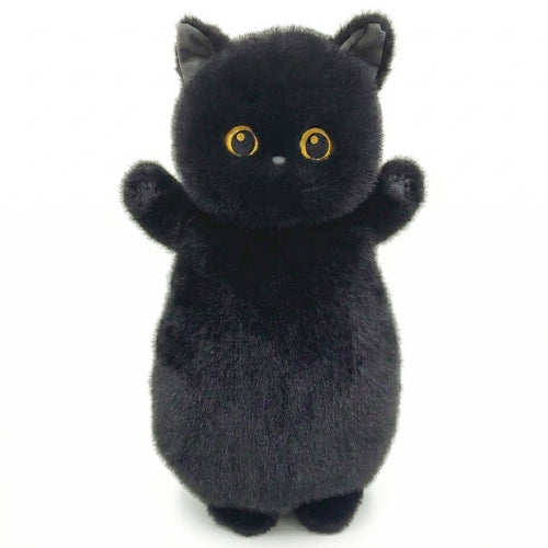 くりくりおめめのにゃんこ 抱きまくら 黒猫 ぬいぐるみ 立ち姿 正面 黄色い瞳と両手を広げた愛らしいポーズ