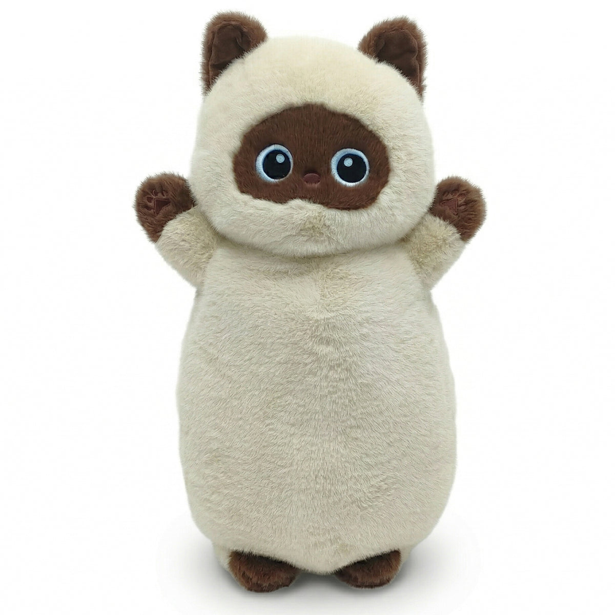 くりくりおめめのにゃんこ 抱きまくら シャム猫 ぬいぐるみ 立ち姿 正面 澄んだ青い瞳と両手を広げた愛らしいポーズ